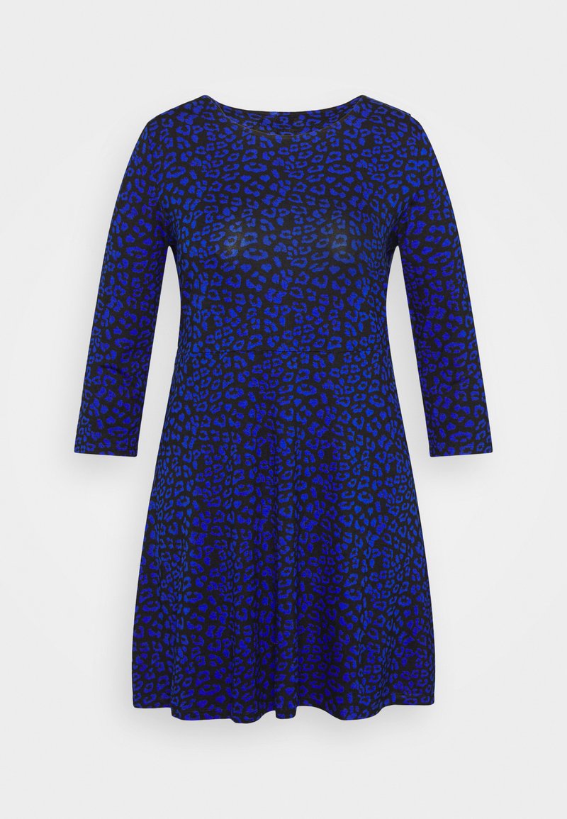 Vestido com padrão de leopardo azul, apresentando um decote redondo e mangas até ao cotovelo. Tecido liso e elástico com um design de saia rodada.