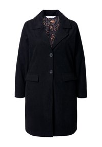 Cappotto di velluto a coste nero con colletto a scollatura, bottoni frontali, due tasche laterali e foderato in stampa leopardata. Design strutturato di lunghezza media.