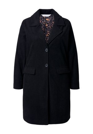 Cappotto di velluto a coste nero con colletto a scollatura, bottoni frontali, due tasche laterali e foderato in stampa leopardata. Design strutturato di lunghezza media.