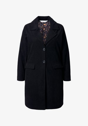 Schwarzer Cord-Mantel mit einem Reverskragen, vorderer Knopfleiste, zwei seitlichen Taschen und einem Futter im Leopardenmuster. Strukturierte, knielange Ausführung.