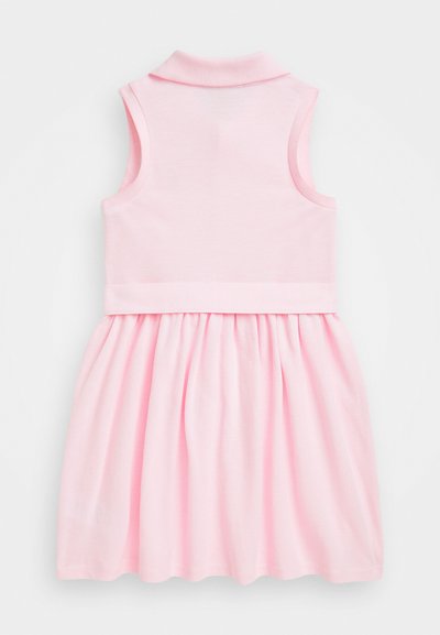 Pink sleeveless dress with a polo-style collar, made from soft fabric, featuring a fitted bodice and a flared skirt. Smooth texture.