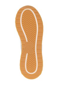 Gummisohle mit einem strukturierten Fischgrätenmuster, orangefarben und mit weißen Akzenten, das ein in die Mitte geprägtes Logo aufweist. Größe 37.