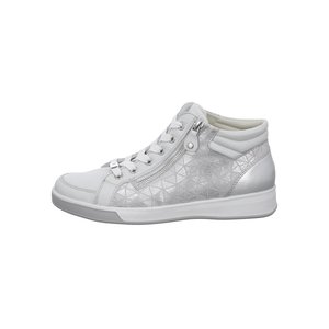 White and silver high-top sneaker with side zipper, lace-up front, geometric pattern, padded collar, and rubber sole.