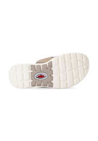 Tan shoe sole with a textured rubber surface and a white midsole. Features a "rolling soft" logo in red and blue. Square tread pattern visible.