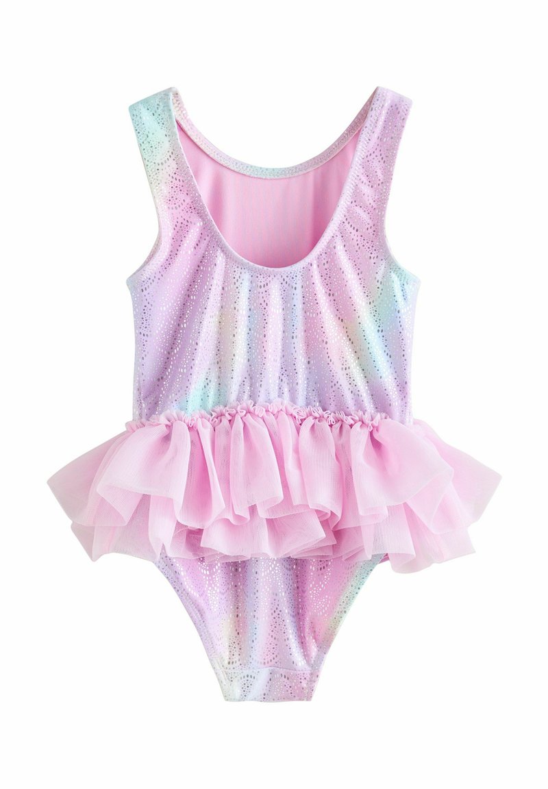 Večbarvne kopalke s prilagojeno zasnovo, ki vključujejo pastelno, bleščečo zgornjo majico in rožnat tilski volan na pasu.