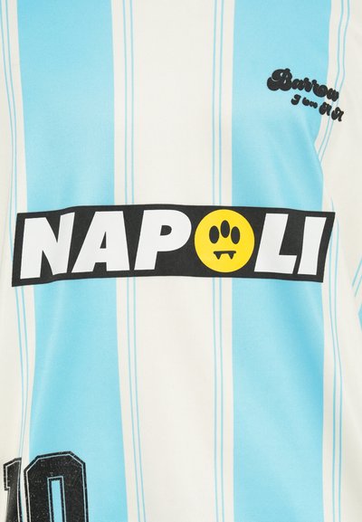 Light blue and white striped jersey with "NAPOLI" in bold black, yellow graphic accents, and number "10" at the bottom left.