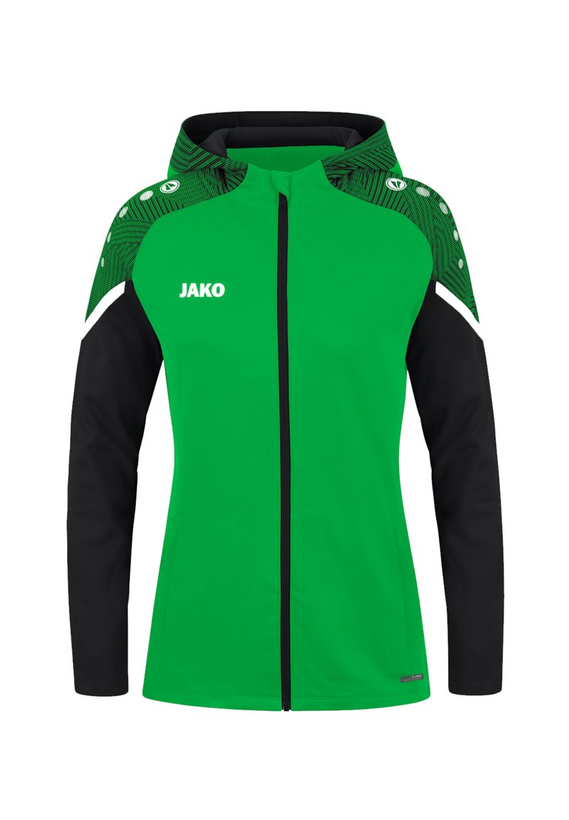 Grüne Sportjacke mit schwarzen Ärmeln und Kapuze. Sie verfügt über einen Frontreißverschluss, subtile Muster auf den Schultern und ein Logo auf der Brust.