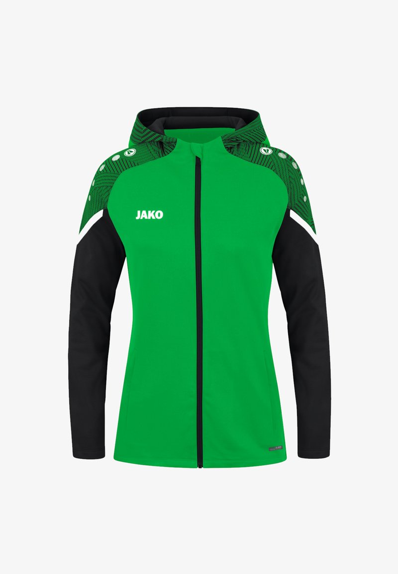 Giacca sportiva verde con maniche e cappuccio neri. Presenta una cerniera frontale, motivi sottili sulle spalle e un logo sul petto.