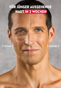 Ein geteiltes Bild eines Männergesichts. Die linke Seite zeigt ungleichmäßigen Hautton und Falten; die rechte Seite erscheint glatter und ebenmäßiger. Neutraler Hintergrund.