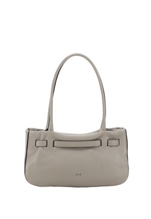 Graue Lederhandtasche mit langen Griffen, glatter Textur und minimalistischem Design. Verfügt über eine flache Vorderseite mit dezentem Branding und kontrastierenden Kanten.