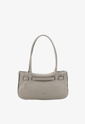 Graue Lederhandtasche mit langen Griffen, glatter Textur und minimalistischem Design. Verfügt über eine flache Vorderseite mit dezentem Branding und kontrastierenden Kanten.