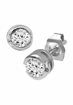 Hõbedased kõrvarõngad, millel on säravad ümmargused selged kalliskivid, mis on paigutatud sujuvasse, ümarasse raami. Kujundus on lihtne ja elegantne.