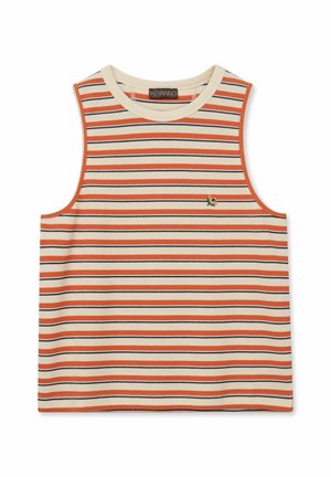 Ujjatlan bordázott kötött felső krémszínű, narancssárga és fekete vízszintes csíkokkal, és egy apró hímzett virággal a mellrészen.