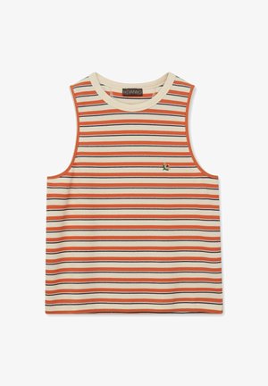 Ujjatlan bordázott kötött felső krémszínű, narancssárga és fekete vízszintes csíkokkal, és egy apró hímzett virággal a mellrészen.