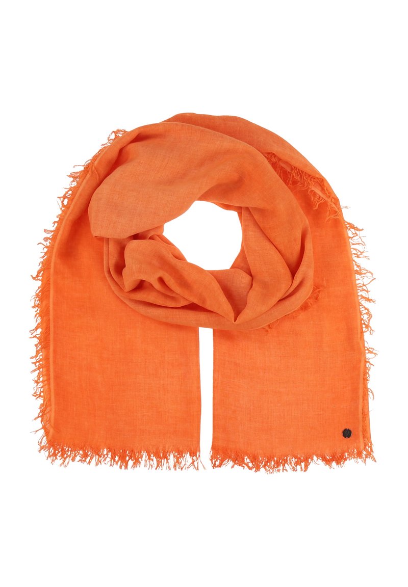 Sciarpa arancione realizzata in materiale leggero, con bordo frangiato e design avvolgente circolare per un drappeggio e uno styling facili.