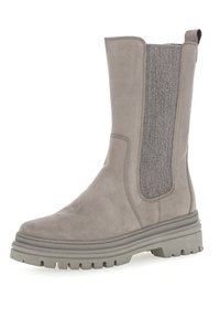 Gray ankle boot made of soft suede and fabric, featuring elastic side panels, a sturdy rubber sole, and textured accents.