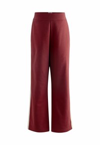 Bordeaux wijde broek met een elastische tailleband, voorzien van witte zijkanten; gemaakt van zachte, gladde stof met een ontspannen pasvorm.