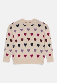 Beige strikkegenser med rund hals, prydet med flerfargede hjerte mønstre i mørkerød, rosa, lavendel og marineblå, med ribbestrikkede mansjetter og kant.
