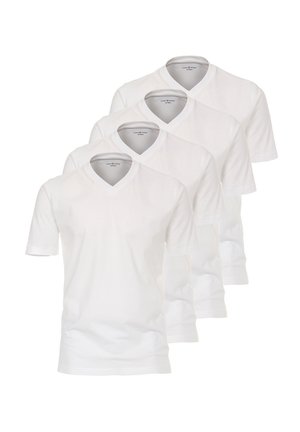 Fire hvide v-hals t-shirts lavet af blødt bomuld. Korte ærmer og en let tætsiddende design med en glat tekstur. Ingen mønstre eller grafik.