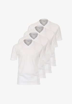 Four white v-neck t-shirts made of soft cotton. Short sleeves and a slightly fitted design with a smooth texture. No patterns or graphics.