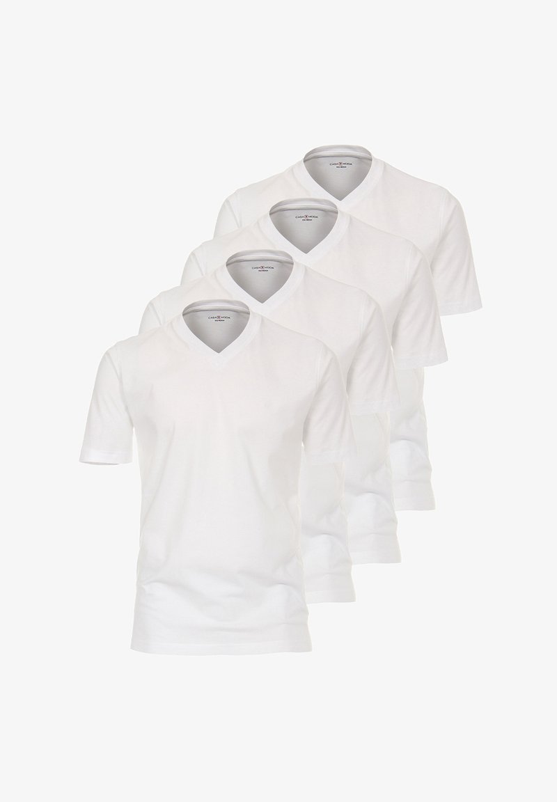 Fire hvide v-hals t-shirts lavet af blødt bomuld. Korte ærmer og en let tætsiddende design med en glat tekstur. Ingen mønstre eller grafik.