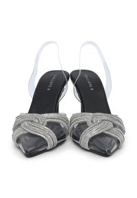 Scarpe con tacco a punta nera, tipo slingback, con cinturini intrecciati di strass argentati e fasce trasparenti alla caviglia, marca "Calliope," misura 38.