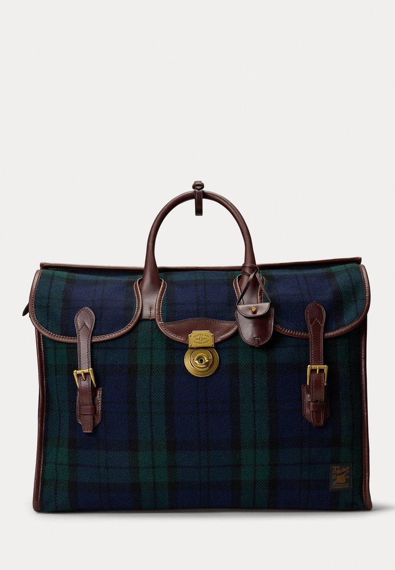 Tartan-patterned bag in dark blue and green wool with brown leather accents, featuring a top handle, brass lock, and clasp closures.
