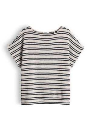 T-shirt à manches courtes et col bateau avec des rayures horizontales noires et blanches, posé à plat sur un fond blanc.