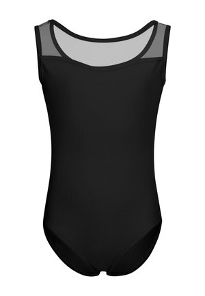 Schwarzer Einteiler-Badeanzug mit rundem Ausschnitt und Netz-Schulterträgern. Glattes Material mit klassischer, konturierter Passform und ohne Muster.