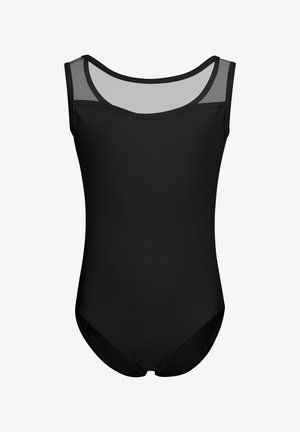 Black one-piece swimsuit with a rounded neckline and mesh shoulder straps. Smooth fabric with a classic, contoured fit, and no patterns.