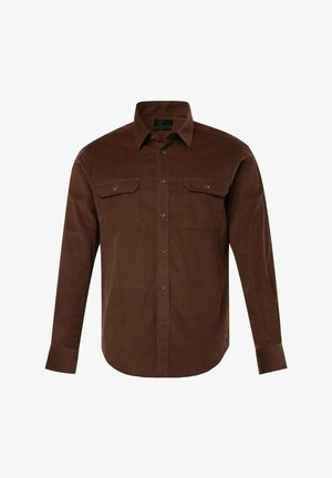 Chemise à manches longues marron en tissu texturé. Dispose de deux poches poitrine, d'une fermeture à boutons et d'un col classique. Design épuré.