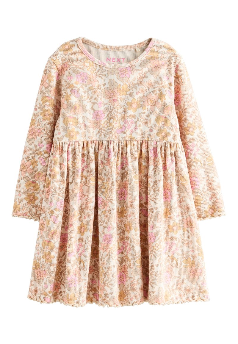 Blommig klänning med långa ärmar, med en beige bas och rosa och gyllene blommor, ribbad textur och en veckad kjol.