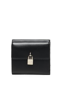 Borsa a tracolla nera in pelle con design strutturato, dotata di chiusura a lucchetto in metallo e dettagli del logo impresso sul davanti.