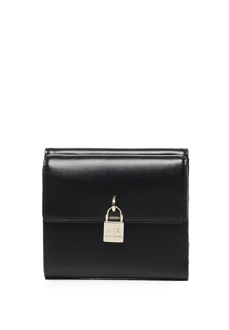 Borsa a tracolla nera in pelle con design strutturato, dotata di chiusura a lucchetto in metallo e dettagli del logo impresso sul davanti.