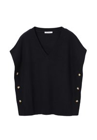 Pull sans manches noir en maille avec un col en V, présentant une texture côtelée et des accents de boutons dorés le long des côtés.