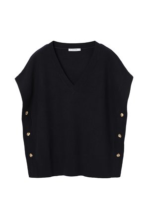 Melns tamborēts piedurkņu džemperis ar V veida izgriezumu, rakstā redzams ribots tekstūras raksts un zelta pogu akcenti sānos.