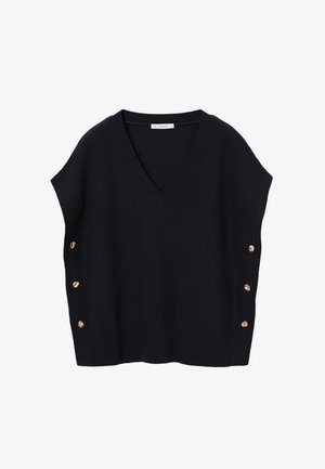 Mustast kudumist varrukateta kampsun V-kaelusega, millel on sooniline tekstuur ja kuldsed nupud mööda külgi.