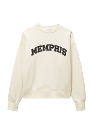 Sweat-shirt à col rond de couleur blanc cassé avec manches longues et le mot "MEMPHIS" imprimé en grosses lettres noires sur la poitrine.