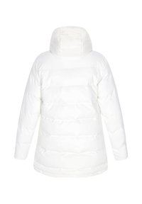 Hvid pufferjakke med hætte, der har et quiltet design, lange ærmer og en lige kant. Glat tekstur med en minimalistisk stil.