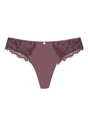 Maroon thong made of smooth fabric with floral lace accents on the sides, scalloped edges, and a small circular embellishment at the center.