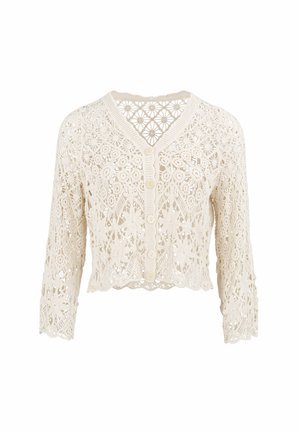 Cremefarbene gehäkelte Strickjacke mit Blumenmustern, Knopfleiste vorne, V-Ausschnitt und langen Ärmeln.