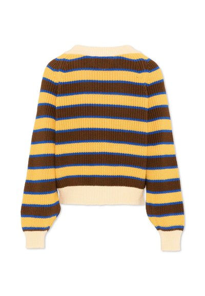 Pull tricoté à manches longues avec des rayures horizontales jaune, marron et de fines lignes bleues, doté de poignets et d'un ourlet côtelés.