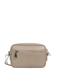 Borsa a tracolla in pelle beige con forma rettangolare, dotata di una tasca frontale con zip, accessori in argento e tracolla regolabile.
