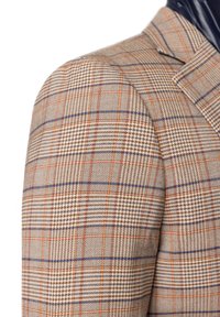 Brązowy marynarka w kratę z mieszanką wzorów w pomarańczowych i niebieskich akcentach. Teksturowany materiał z wyraźnymi ramionami i dopasowanym krojem.