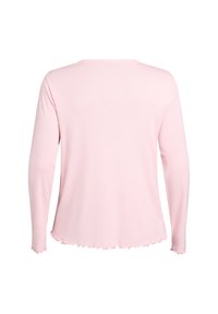 Šviesiai rožinė ilgomis rankovėmis palaidinė, pagaminta iš tamprių medžiagų, su apvaliu kaklu ir banginiu kraštu, turinčiu nertus briaunelius.