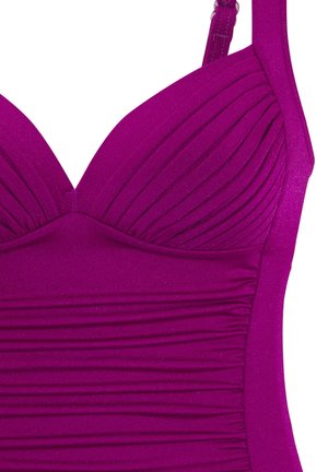 Fuchsia one-piece bathing suit with pleated design, adjustable straps, and a textured fabric that shimmers. Features a built-in bra support.