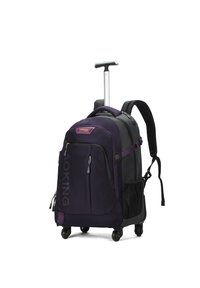 Zaino con ruote viola e nere dotato di un manico retrattile, tasche laterali e numerosi scomparti con zip. Tessuto resistente.