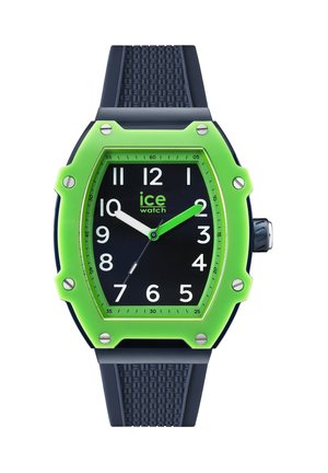 Montre numérique avec une lunette en silicone verte, un bracelet texturé bleu foncé, un cadran noir, des chiffres blancs et des accents argentés. Conception résistante à l'eau.