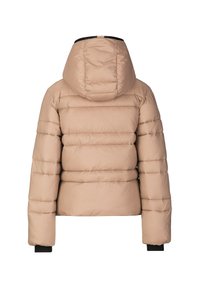 Beige Daunenjacke mit Kapuze, gestepptem Design und elastischen Bündchen. Das Material wirkt glänzend mit einer glatten Textur und symmetrischer Form.