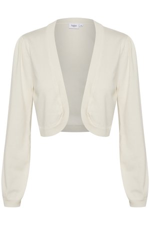 Cream-colored cropped cardigan with long sleeves, open front design, and ribbed accents at the cuffs and hem. Soft knit texture.